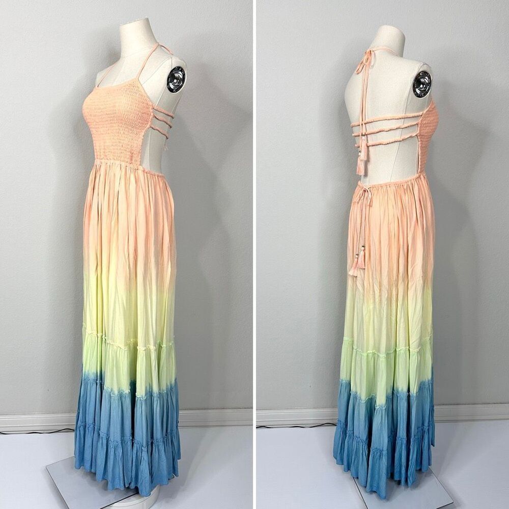 Tiare Hawaii Naia Maxi Dress S/M Peach Yellow Blue Ombre Smocked Boho Beachy - Picture 6 of 13